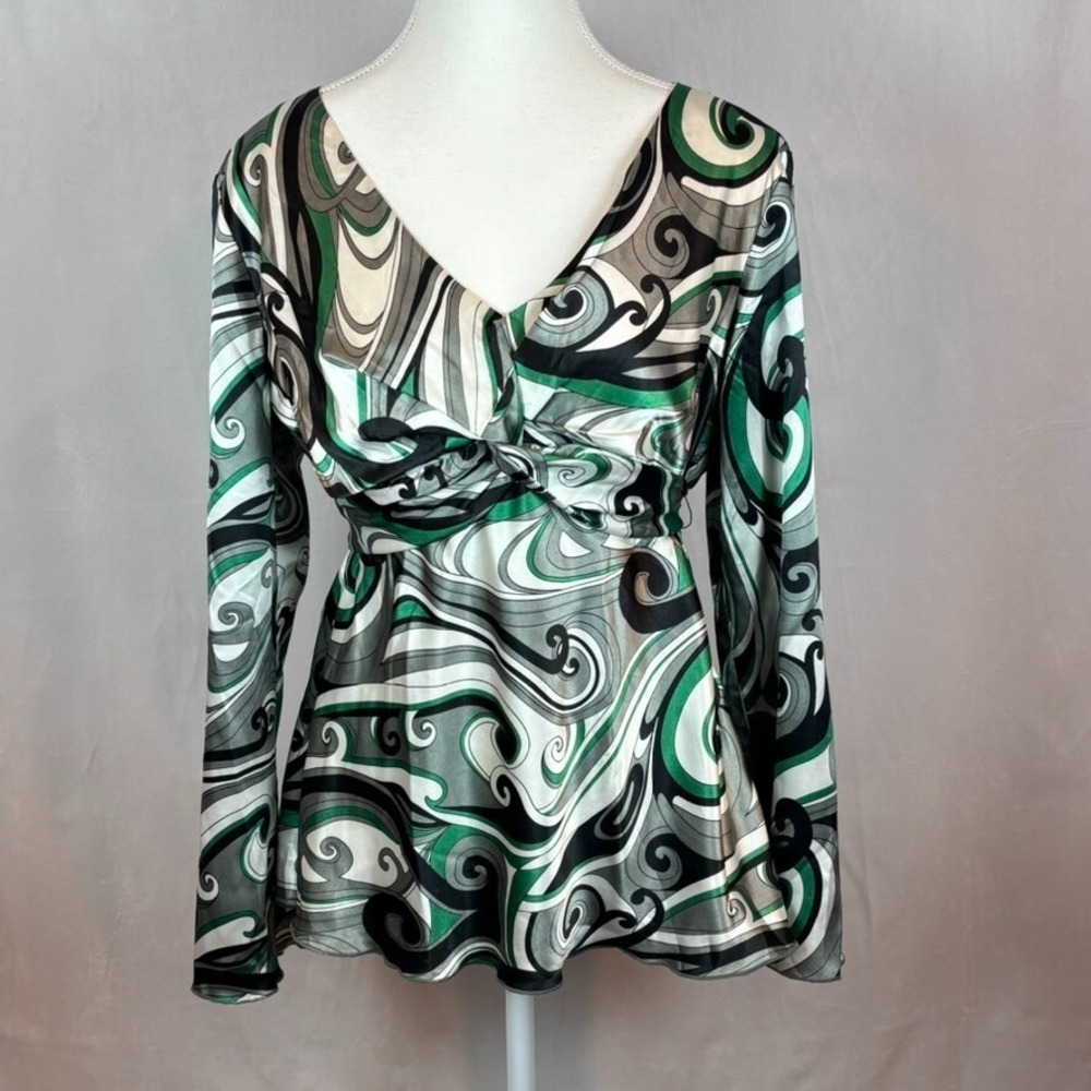 Dress Barn Womens Satin Flare Sleeve Green Baby Doll Tie Back Blouse SZ Petite L